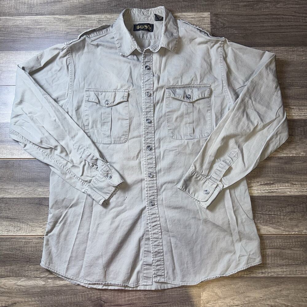 Hugo Boss BOSS Mens L Beige Button Up Shirt Y2K Utility Workwear Cotton Long Sle